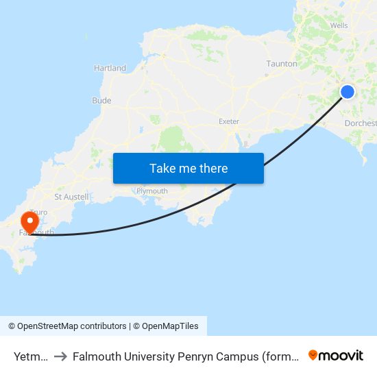 Yetminster to Falmouth University Penryn Campus (formerly UCF Tremough Campus) map