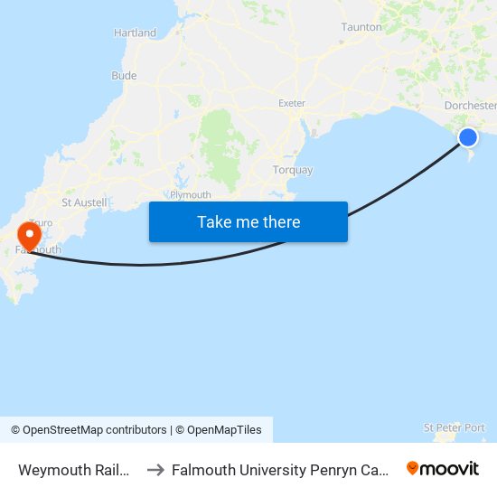 Weymouth Railway Station, Weymouth to Falmouth University Penryn Campus (formerly UCF Tremough Campus) map