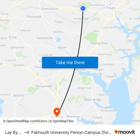 Lay By, Treliske to Falmouth University Penryn Campus (formerly UCF Tremough Campus) map