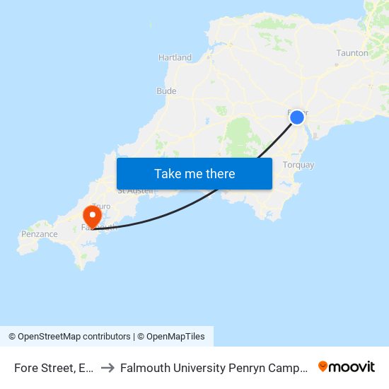 Fore Street, Exeter City Centre to Falmouth University Penryn Campus (formerly UCF Tremough Campus) map