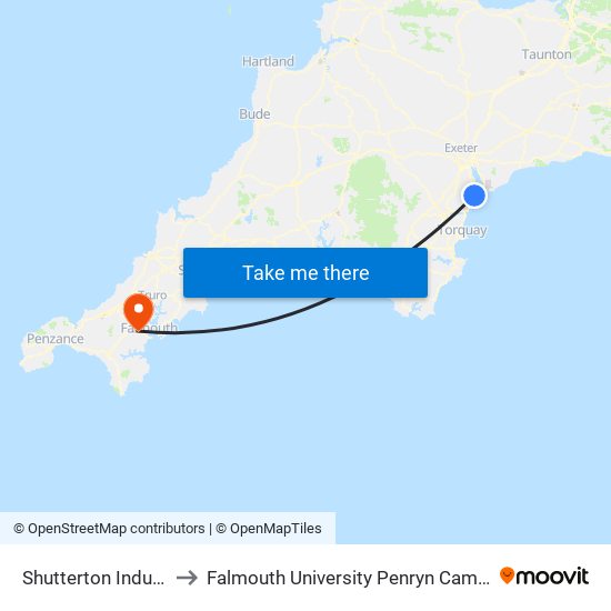 Shutterton Industrial Estate, Dawlish to Falmouth University Penryn Campus (formerly UCF Tremough Campus) map