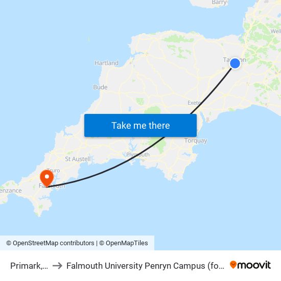 Primark, Taunton to Falmouth University Penryn Campus (formerly UCF Tremough Campus) map
