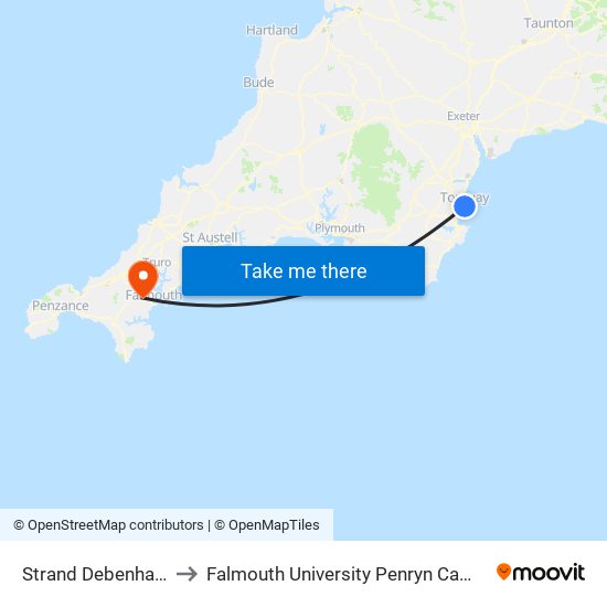 Strand Debenhams, Torquay Harbour to Falmouth University Penryn Campus (formerly UCF Tremough Campus) map
