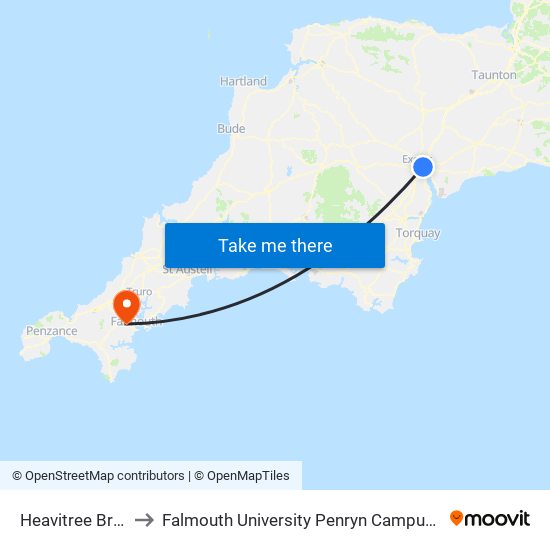 Heavitree Bridge, Heavitree to Falmouth University Penryn Campus (formerly UCF Tremough Campus) map