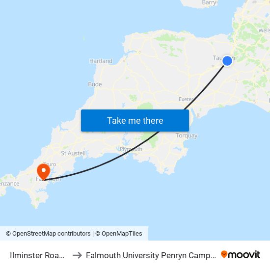 Ilminster Road Busway, Taunton to Falmouth University Penryn Campus (formerly UCF Tremough Campus) map