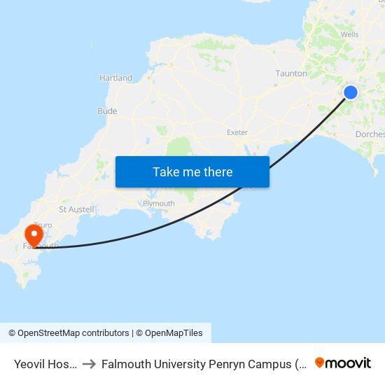 Yeovil Hospital, Yeovil to Falmouth University Penryn Campus (formerly UCF Tremough Campus) map