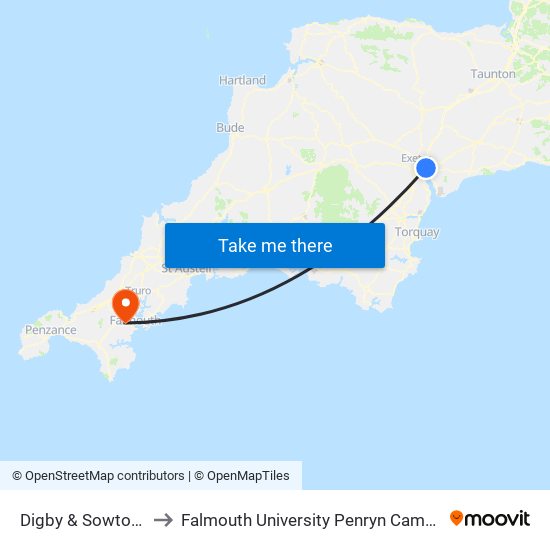 Digby & Sowton Rail Station, Digby to Falmouth University Penryn Campus (formerly UCF Tremough Campus) map