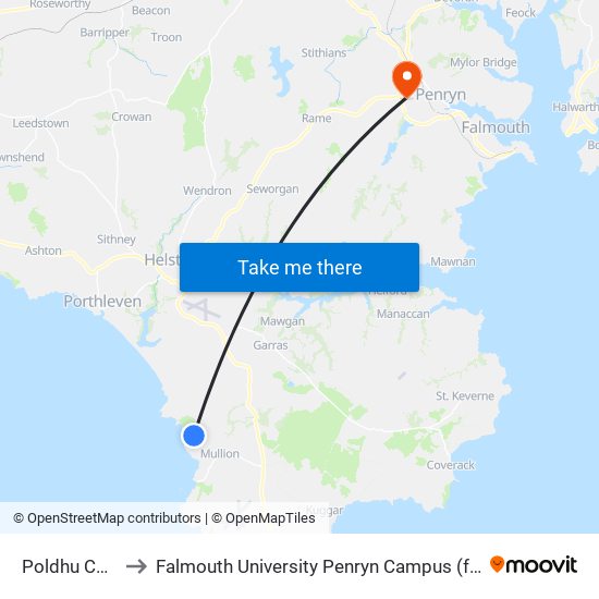 Poldhu Cove, Mullion to Falmouth University Penryn Campus (formerly UCF Tremough Campus) map