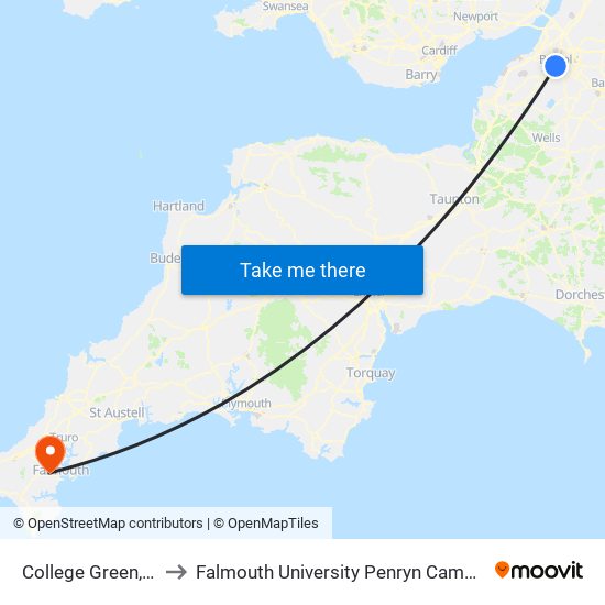 College Green, Bristol City Centre to Falmouth University Penryn Campus (formerly UCF Tremough Campus) map