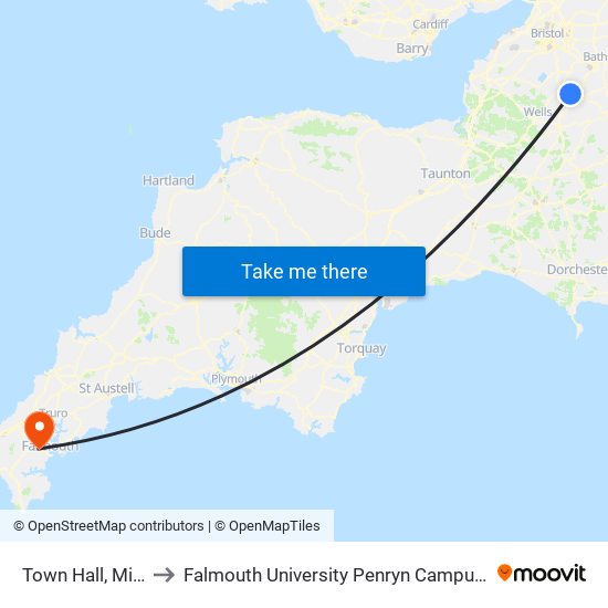 Town Hall, Midsomer Norton to Falmouth University Penryn Campus (formerly UCF Tremough Campus) map