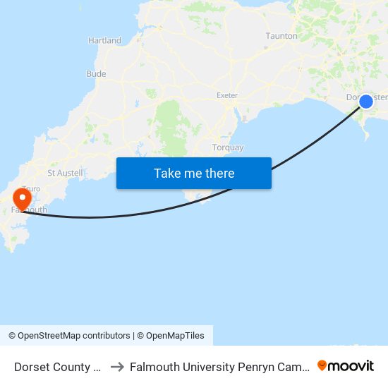 Dorset County Hospital, Dorchester to Falmouth University Penryn Campus (formerly UCF Tremough Campus) map