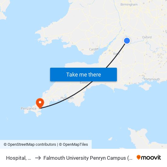 Hospital, Cirencester to Falmouth University Penryn Campus (formerly UCF Tremough Campus) map