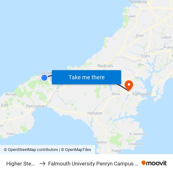 Higher Stennack, St Ives to Falmouth University Penryn Campus (formerly UCF Tremough Campus) map