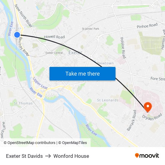 Exeter St Davids to Wonford House map