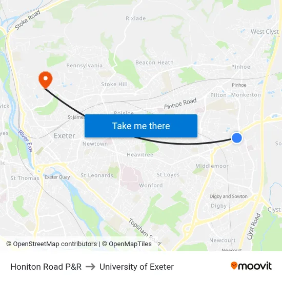Honiton Road P&R to University of Exeter map