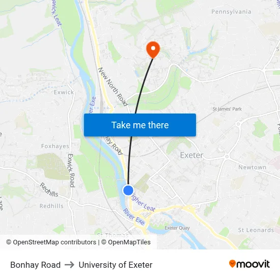 Bonhay Road to University of Exeter map