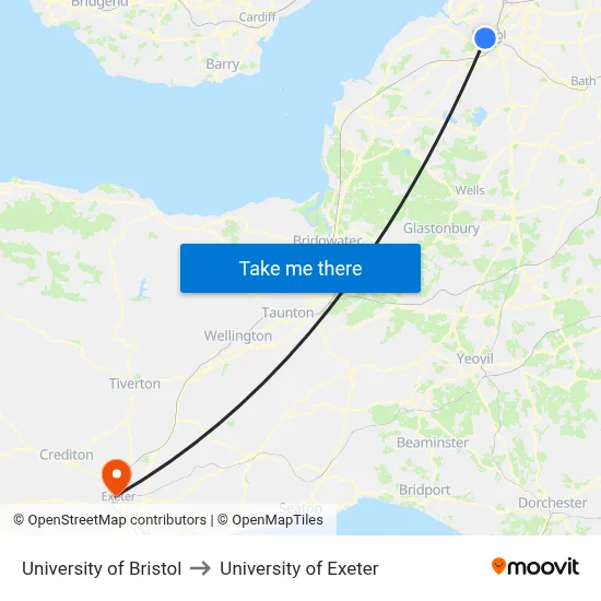 University of Bristol to University of Exeter map
