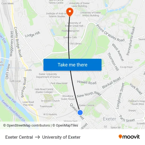 Exeter Central to University of Exeter map
