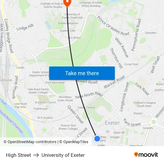 High Street to University of Exeter map