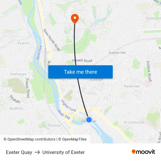 Exeter Quay to University of Exeter map