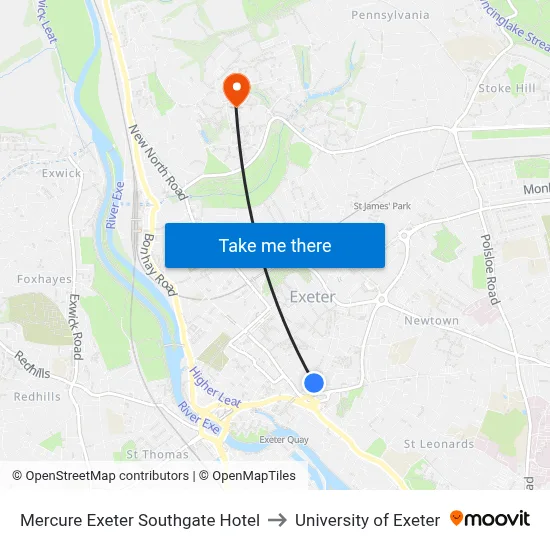 Mercure Exeter Southgate Hotel to University of Exeter map