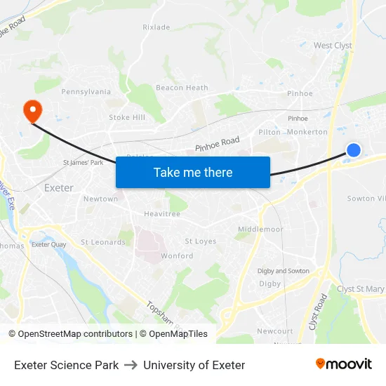 Exeter Science Park to University of Exeter map