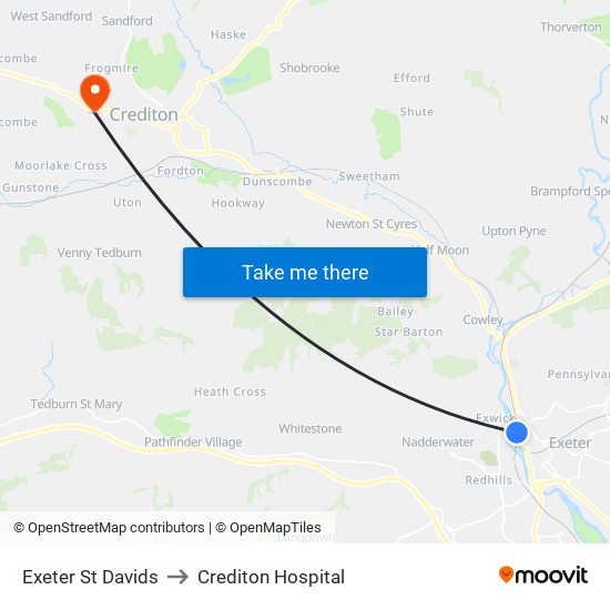 Exeter St Davids to Crediton Hospital map