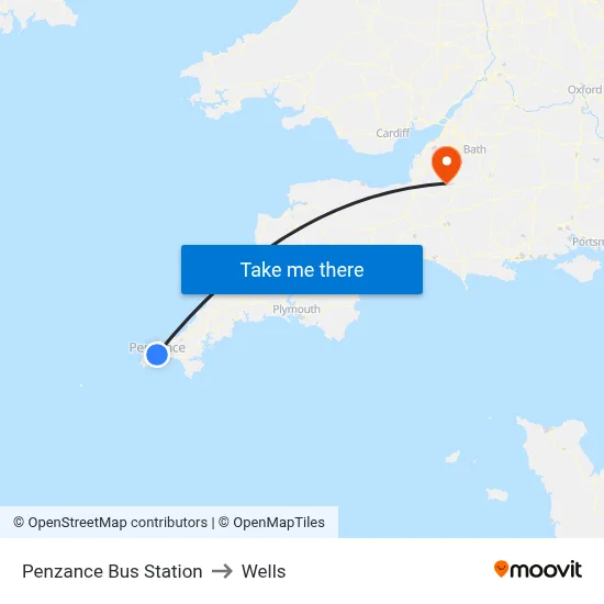 Penzance Bus Station to Wells map