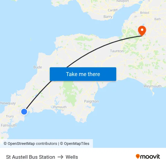 St Austell Bus Station to Wells map