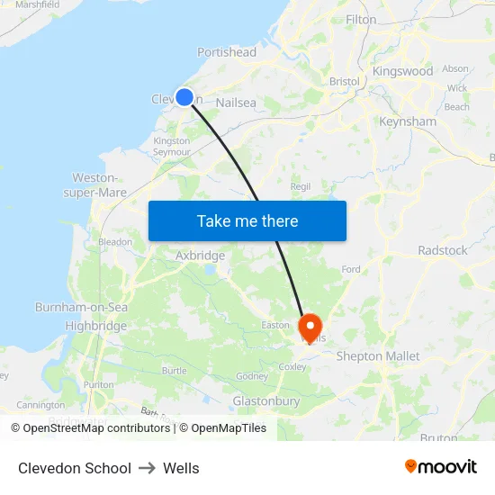 Clevedon School to Wells map