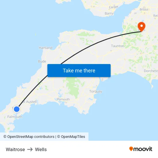 Waitrose to Wells map