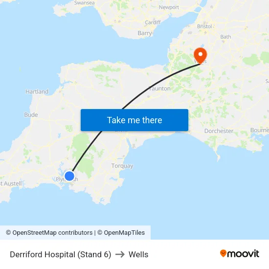 Derriford Hospital to Wells map