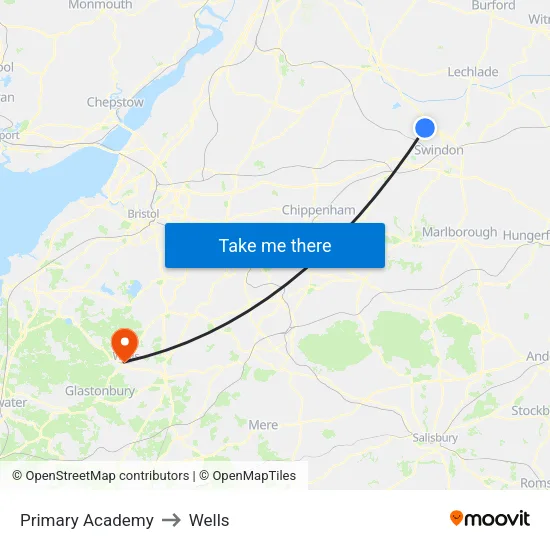 Primary Academy to Wells map