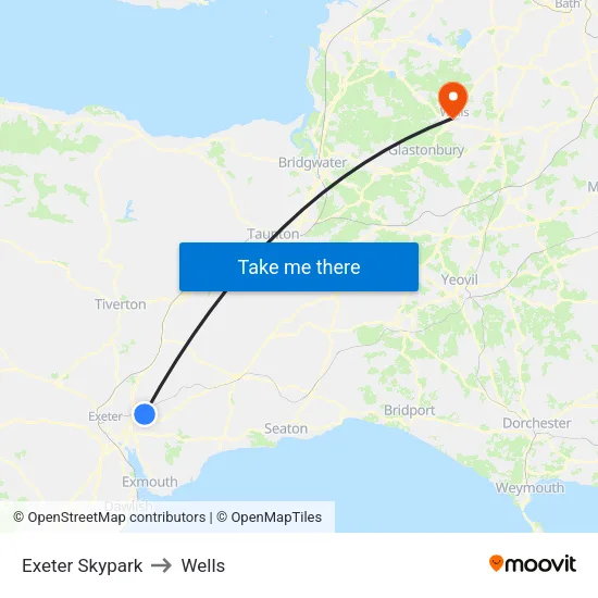 Exeter Skypark to Wells map