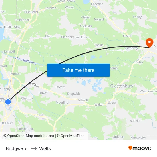 Bridgwater to Wells map