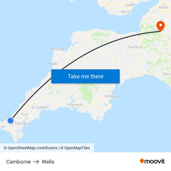 Camborne to Wells map