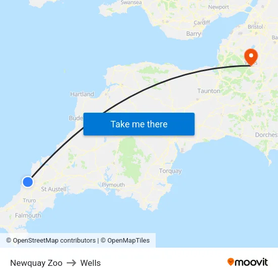 Newquay Zoo to Wells map