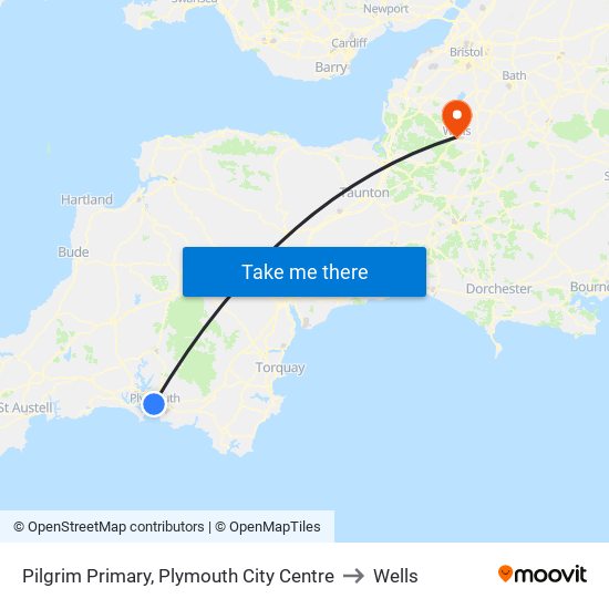 Pilgrim Primary, Plymouth City Centre to Wells map