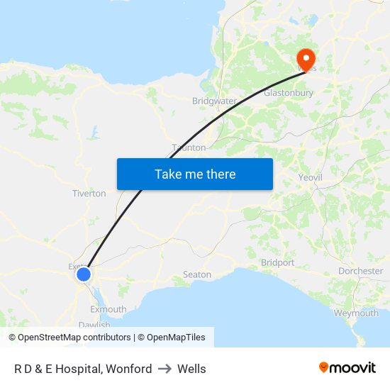 R D & E Hospital, Wonford to Wells map