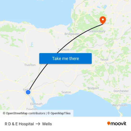 R D & E Hospital to Wells map