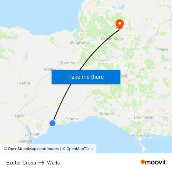 Exeter Cross to Wells map