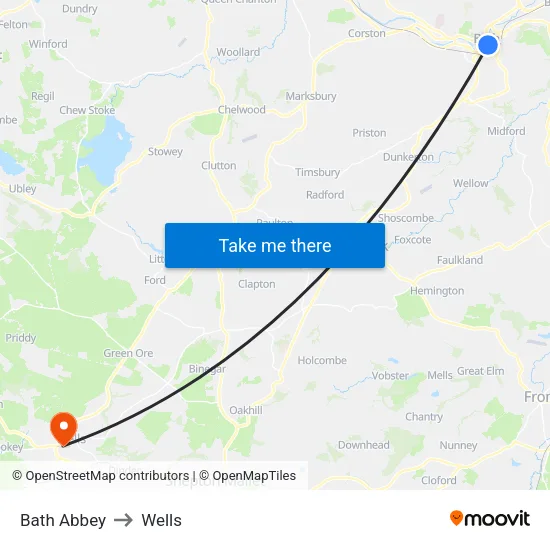 Bath Abbey to Wells map