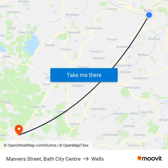 Manvers Street, Bath City Centre to Wells map