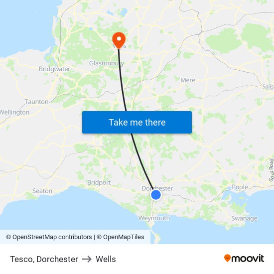 Tesco, Dorchester to Wells map