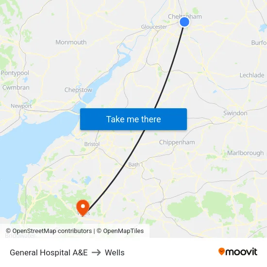 General Hospital A&E to Wells map