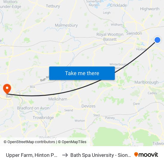 Upper Farm, Hinton Parva to Bath Spa University - Sion Hill map