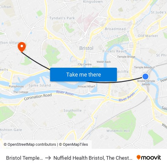 Bristol Temple Meads to Nuffield Health Bristol, The Chesterfield Hospital map