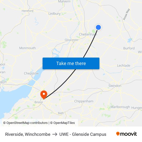 Riverside, Winchcombe to UWE - Glenside Campus map