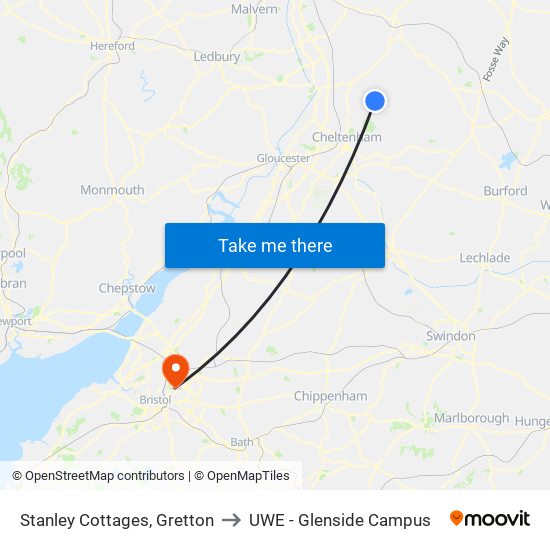 Stanley Cottages, Gretton to UWE - Glenside Campus map