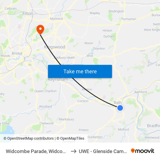 Widcombe Parade, Widcombe to UWE - Glenside Campus map